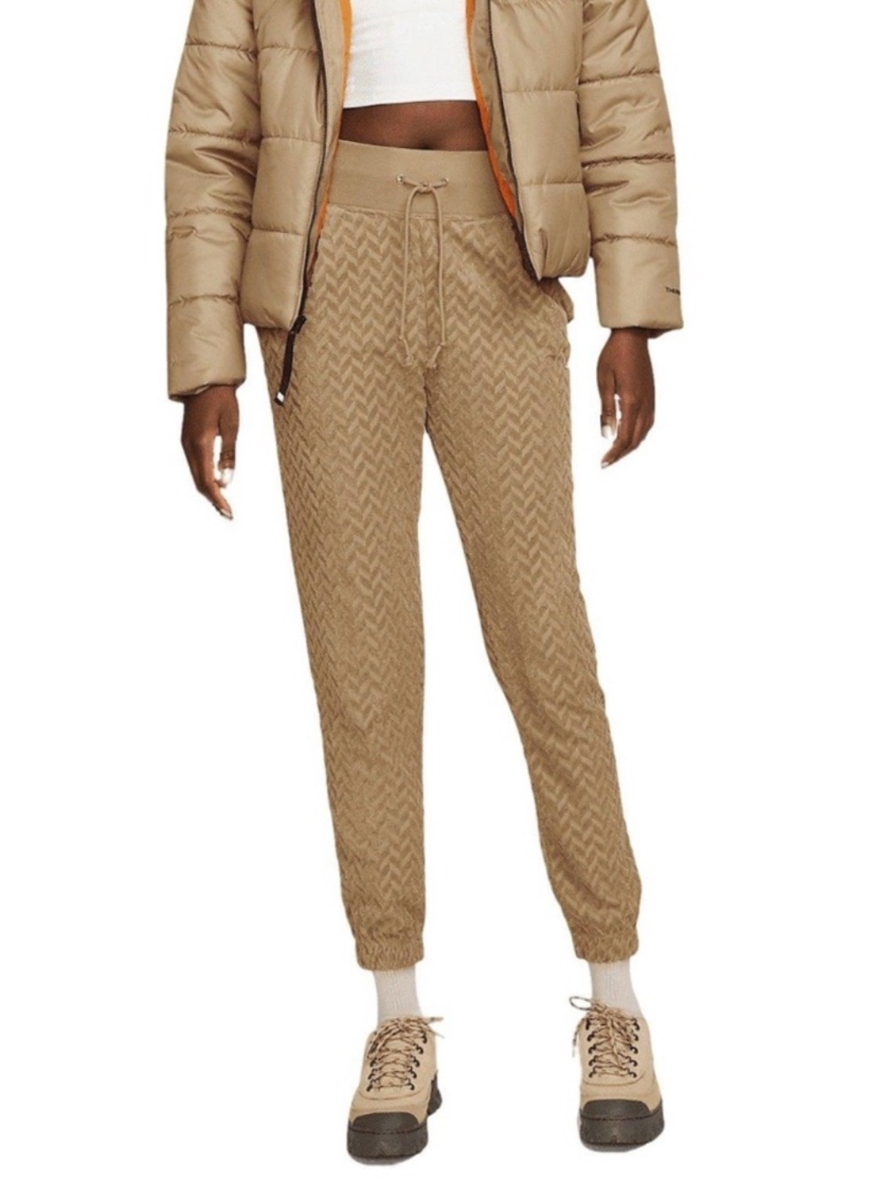 Nike Tan Textured Knit Lounge Pants with White Swoosh Tag
